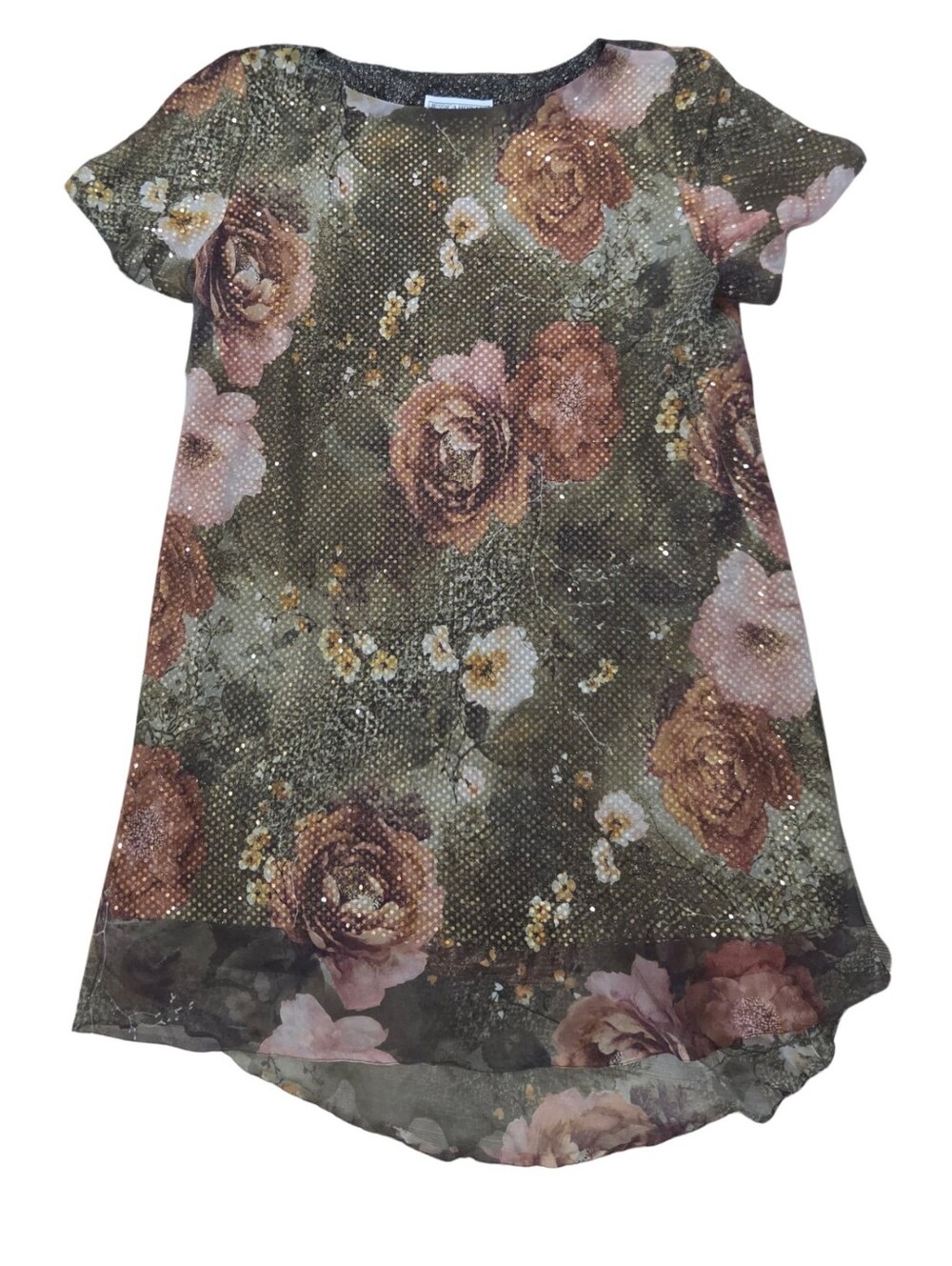 Vtg Jessica Howard Shift Dress Womens 20 2X Green Floral Metallic Fairy Whimsy